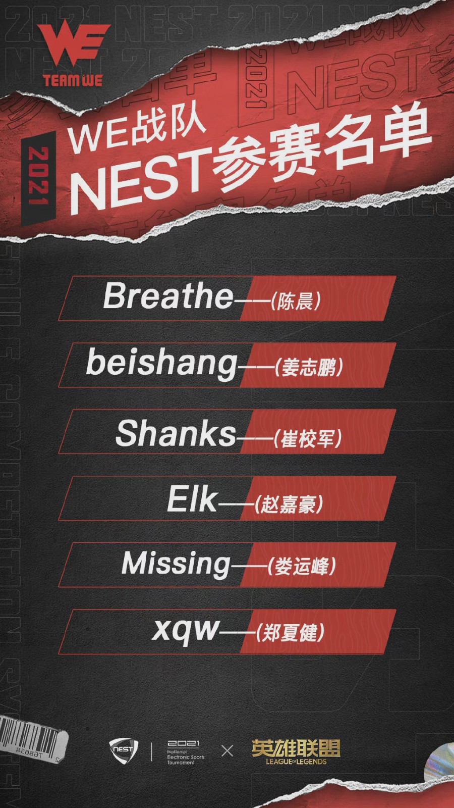 NEST15支战队名单：SN、WE全主力出战